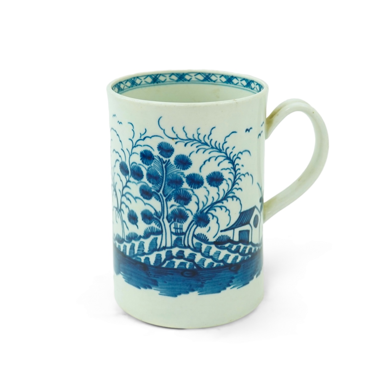 A Worcester blue and white Rock Strata Island cylindrical mug, c.1770